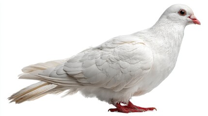 Obraz premium A white pigeon stands on a flat surface. Its feathers are bright and clean. The bird's eyes are round and its beak is short. The setting appears to be indoors or a controlled environment.