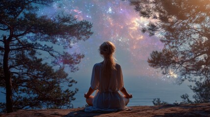A woman sits in a meditative pose on a rock surrounded by trees. She looks up at the colorful stars and galaxies in the night sky. This scene occurs in a natural setting.