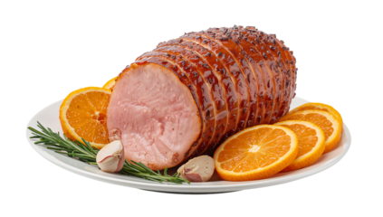 Delicious Ham Served With Orange Slices and Herbs on a White Plate for a Festive Meal