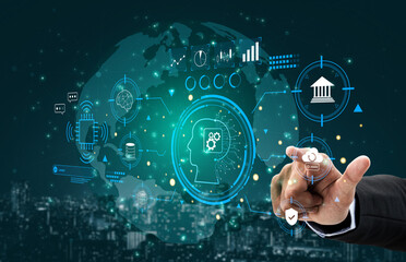 An advanced AI system for business and financial analysis. A futuristic interface for commanding an AI to process data from various domains. Motif