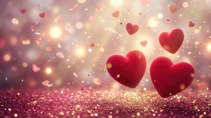 Romantic red hearts floating on pink glitter background with love