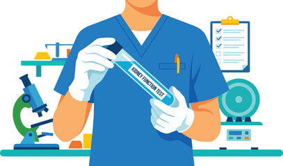 Professional medical technician holding test tube with kidney function test label for analysis and diagnosis in clinic lab with microscope and advanced equipment. © VectaNoor