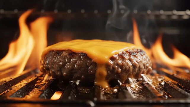 Delicious gourmet beef burger patty with melting cheese sizzling on a hot barbecue grill. Concept of tasty food and grilling