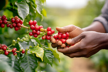 Harvesting ripe coffee cherries on a plantation