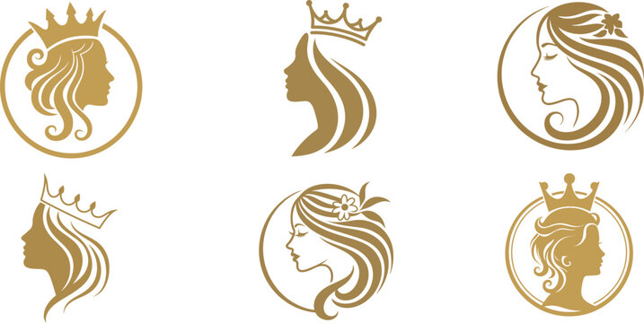 Set of elegant feminine queen logos with golden silhouettes, royal crowns and floral hair for beauty branding