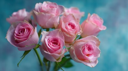 Obraz premium A group of pink roses stands in a vase against a blue background. The flowers show different stages of bloom. Light falls gently on the petals highlighting their soft texture.