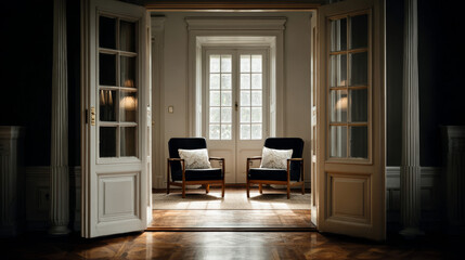 Fototapeta premium “Two Black Chairs with White Cushions Facing Open Doors at Home – Minimal Interior Scene”