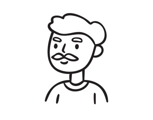 Fototapeta premium Simplified portrait of man with mustache, hand drawn doodle, line art, monochrome, hand drawn