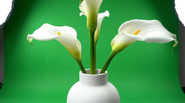 Elegant white calla lilies bloom in a simple vase against a vibrant green backdrop.