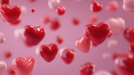 Colorful hearts of various sizes float in the air against a soft pink backdrop. This scene symbolizes love and joy perfect for celebrations of affection or friendship.