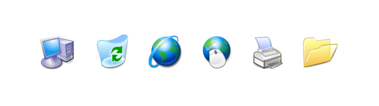 Windows XP main app icons vector SVG set including My Computer, Recycle Bin, Network Connection, Printer, Folder, CD, Paint, Internet Explorer, music and video files, isolated on transparent backgroun