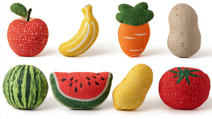&ldquo;Fruit and Vegetable Shaped Cushions &ndash; Apple, Banana, Potato, Carrot, Melon, Watermelon, Tomato on White Background&rdquo;