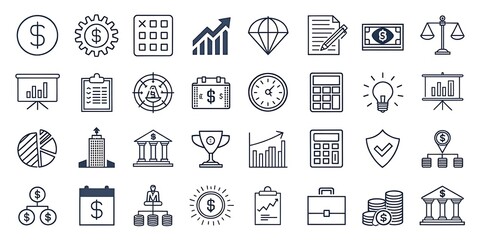 A comprehensive set of vector icons and symbols for business, finance, and web design, featuring a professional illustration of computer, internet, and money signs in a versatile website icon set