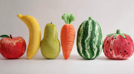 &ldquo;Fruit and Vegetable Shaped Cushions &ndash; Apple, Banana, Potato, Carrot, Melon, Watermelon, Tomato on White Background&rdquo;