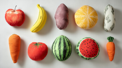 &ldquo;Fruit and Vegetable Shaped Cushions &ndash; Apple, Banana, Potato, Carrot, Melon, Watermelon, Tomato on White Background&rdquo;