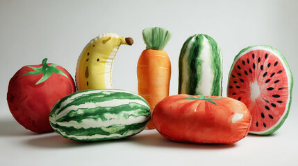&ldquo;Fruit and Vegetable Shaped Cushions &ndash; Apple, Banana, Potato, Carrot, Melon, Watermelon, Tomato on White Background&rdquo;
