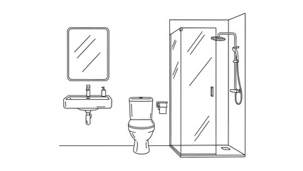 Simple line art illustration of a contemporary bathroom layout with essential fixtures and clean design