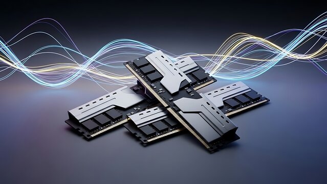 Multiple RAM Modules Interconnected with Swirling Lines of Light on Dark Background