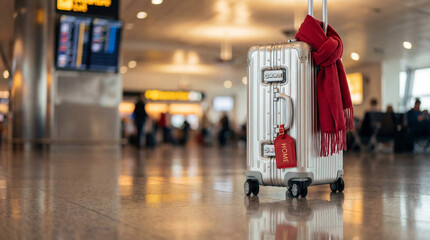 Silver suitcase with red scarf and Home tag standing in blurred airport terminal hall
