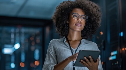 A woman is focused on a tablet in a server room filled with equipment. She has curly hair and wears glasses. The room has low light and glowing displays all around her.