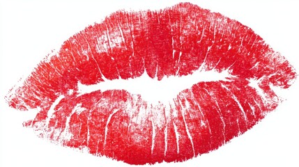 A bright red kiss mark is displayed on a white surface. The lip impressions show clear details of the textures and patterns. This mark conveys a sense of affection.