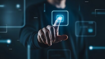 A person interacting with a futuristic digital interface