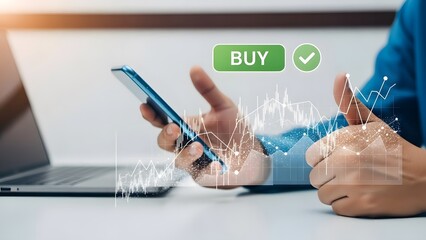 Person giving thumbs up while using a smartphone with a buy button on the screen