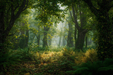 Forest with sunlight filtering through trees green