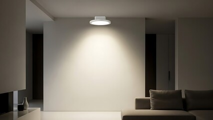 Sleek ceiling light fixture casting a bright, focused beam onto a pristine white wall in a modern minimalist interior, emphasizing contemporary design and elegant illumination