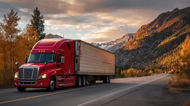 Red truck and trailer on a paved road, A red truck pulling a trailer moves steadily on a well-maintained paved road