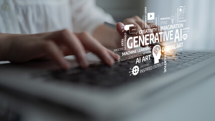 Close-up of hands typing on a laptop, with an overlay of words representing generative AI and digital art, showcasing the intersection of creativity and technology. Tessel