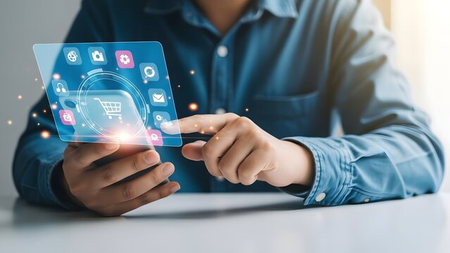 Man holding a futuristic smartphone with glowing interface - Powered by Adobe