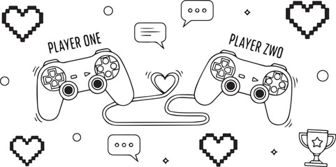 Doodle valentines day illustration of two connected game controllers for player one and player two, pixel art hearts and speech bubbles valentine