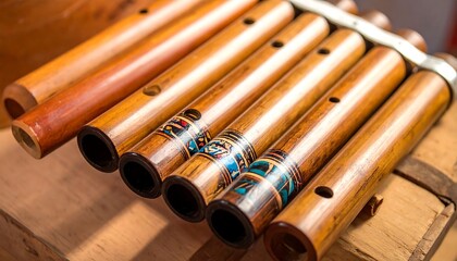 Close-up of a wooden musical wind instrument with multiple pipes arranged diagonally. They have dark openings
