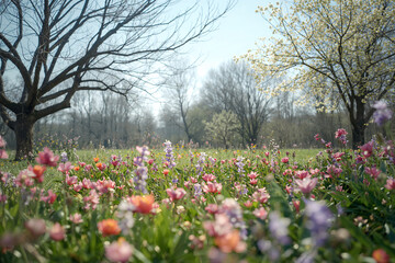 Pink and purple flowers in a field with trees grass