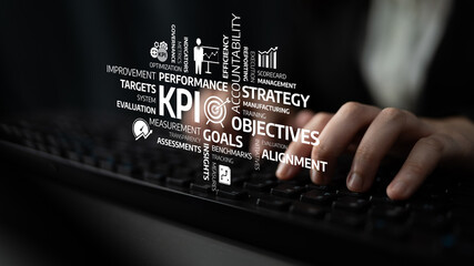 A close-up of hands typing on a keyboard with floating keywords related to business metrics and key performance indicators, emphasizing strategy and performance monitoring. Tessel