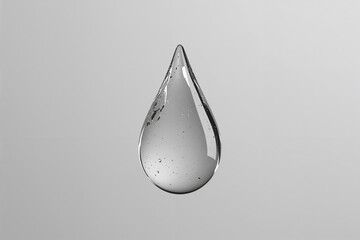 Single clear water droplet on gray background liquid