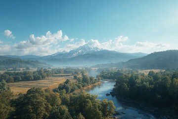 Serene landscape with river and snow capped mountains
