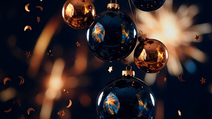 Festive holiday glass orbs reflect glowing golden fireworks against dark background