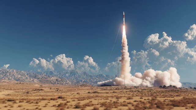 Rocket launch in desert, A rocket launches into the sky from a desert landscape, with dust and smoke billowing around the launch site