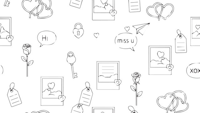 Doodle valentines day illustration of seamless pattern of love and romance icons in black and white outline style valentine