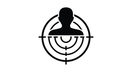 A minimalist black and white graphic depicting a person s head within concentric circles and crosshairs