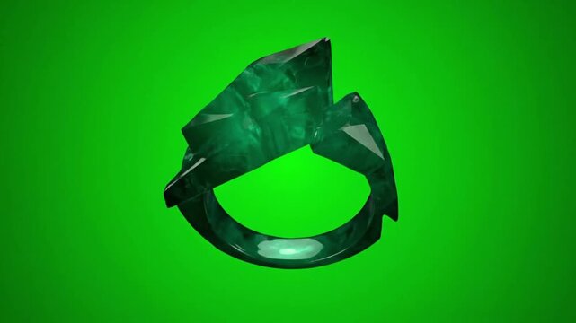 Abstract emerald ring with sharp geometric facets against a vibrant green background