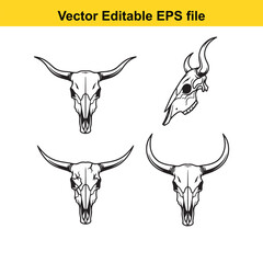  four bull skulls in different angles presented in black and white line art style