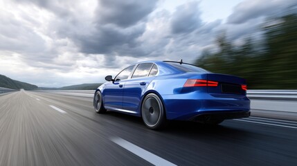 A blue car is driving quickly down a highway under a sky full of clouds. The road stretches ahead with trees lining the sides showing a typical summer scenery.