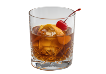 A luxury old fashioned cocktail with deep amber brandy, clear square ice, cherry, and orange peel in a heavy cut crystal glass, macro shot on transparent with high-key lighting. Concept for high-end