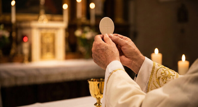 Priest Elevating the Consecrated Host During Catholic Mass