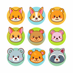 Cute cartoon animal faces collection in colorful circles.
