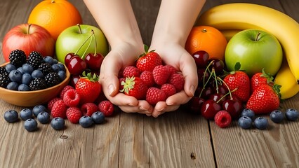 Two hands are gently cupping a generous amount of fresh red raspberries, surrounded by healthy fruits.