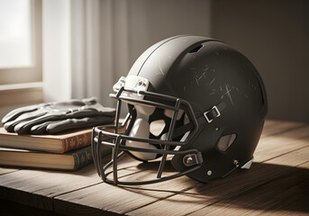 Fototapeta premium Football helmet on table showing team spirit and gear